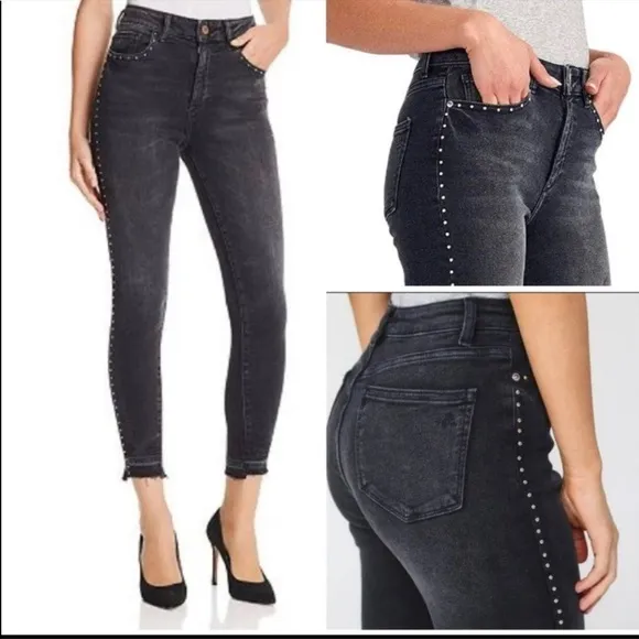 DL1961 Chrissy Ultra High Rise Skinny Black Denim Jeans Stud Embellished Sz 29 - Image 2