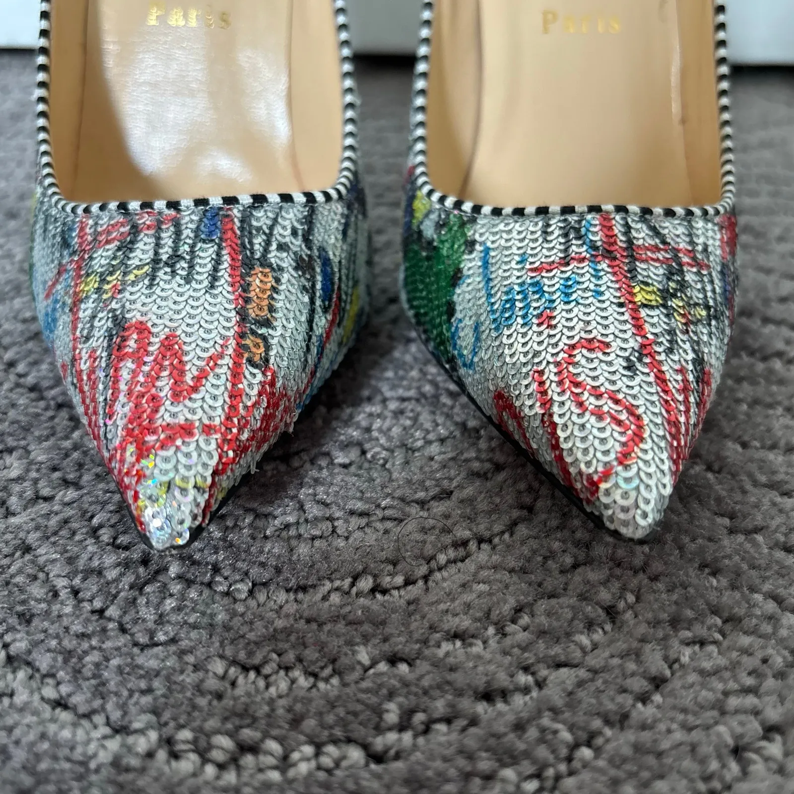 Christian Louboutin Decolette 554 100 Paillette Pump Sequin Multicolor Size 37.5 - Image 6