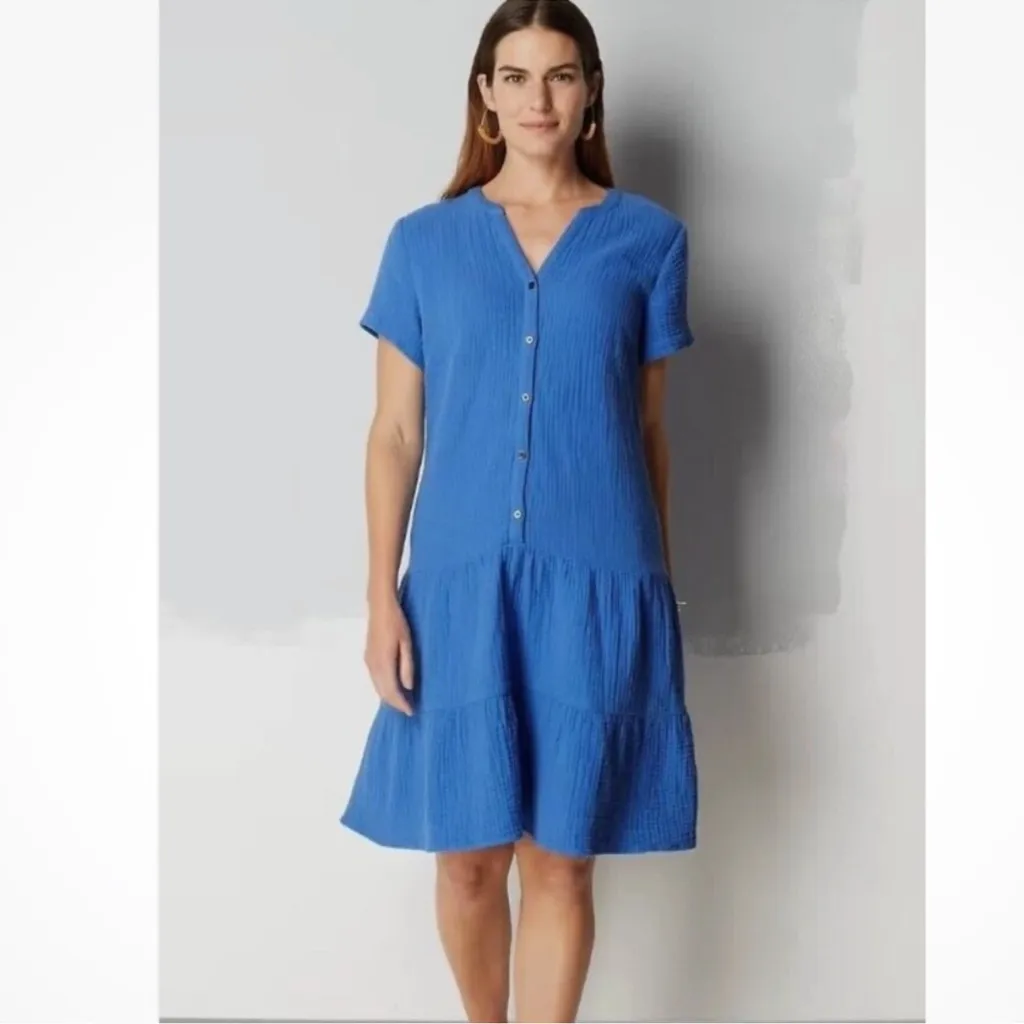 J. Jill Cyan Blue Slubbed Cotton Gauze Drop Waist Tiered Midi Dress Size L Size L - Image 2