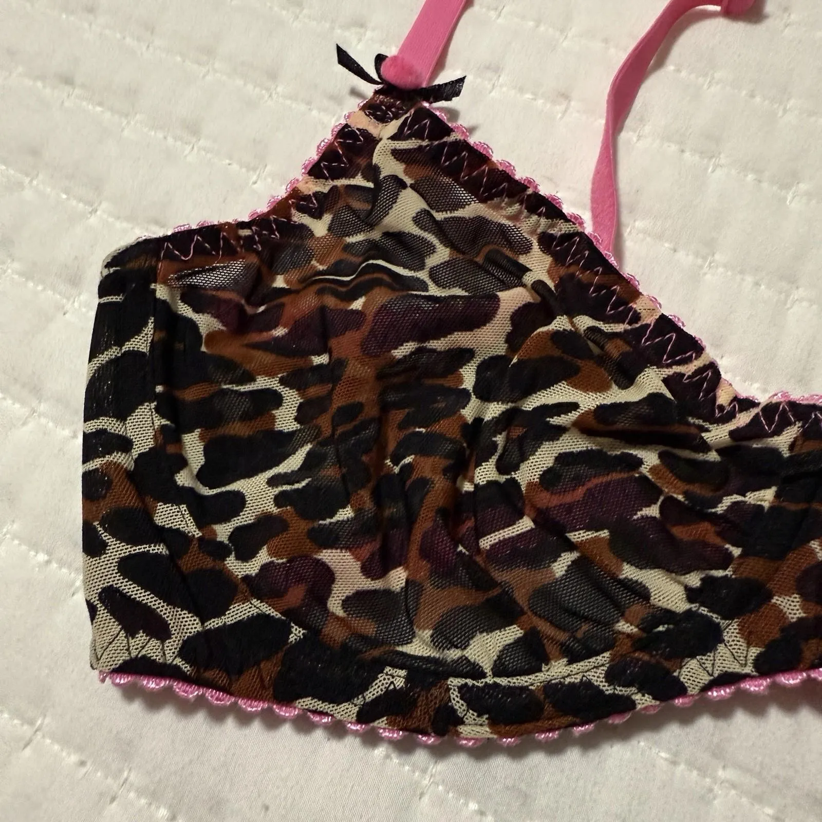 Betsey Johnson Animal Print 34C Unlined Semi Sheer Mesh Brown Pink Accents - Image 12