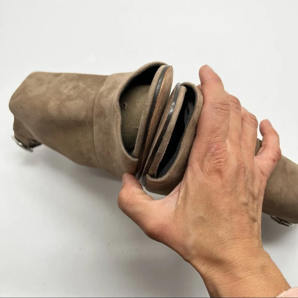 Via Spiga Women's Suede Leather Tan Open Toe Buckle Sling Bootie Block Heel 10 - Image 9