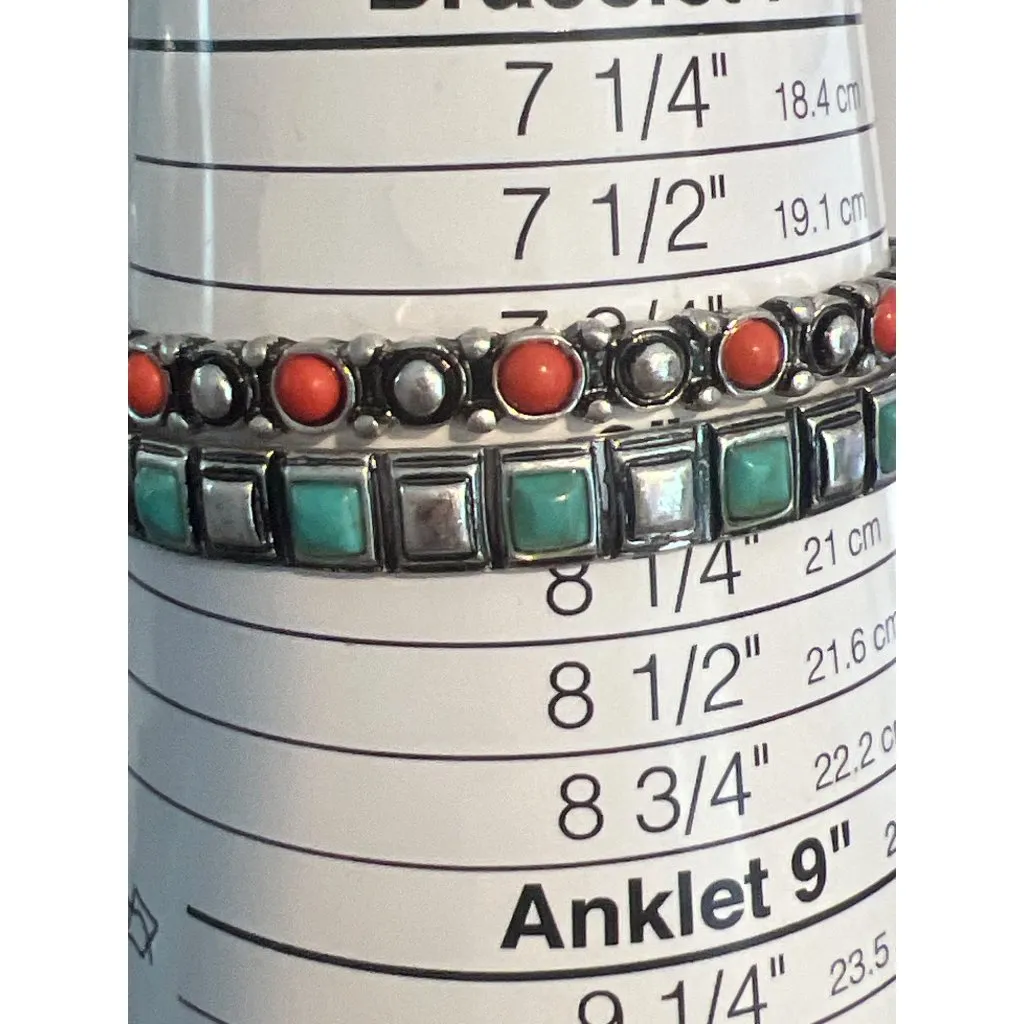 Vintage Set 2 Silver Tone Bangle Bracelets Coral Turquoise Color Stones Estate - Image 4