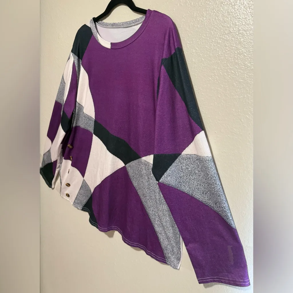Purple Geometric Print Long Sleeve Top XXL | Colorblock Casual Tunic Style Shirt - Image 2