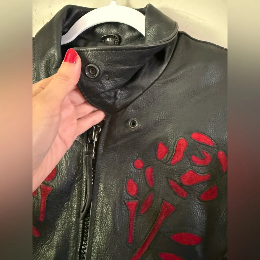 Interstate Leather Black Motorcycle Jacket Red Roses Tassels Fringe Women’s XL - Image 4