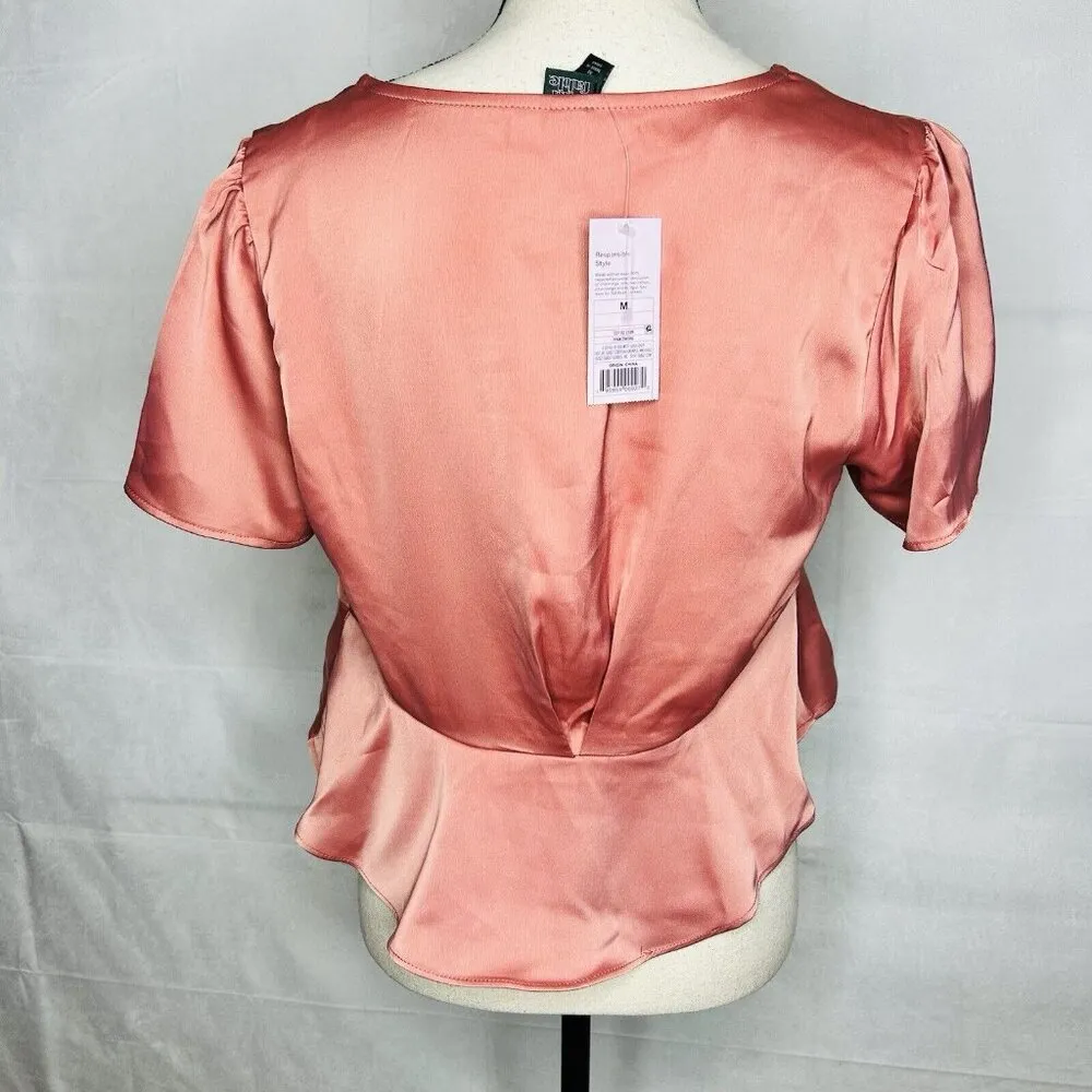 Wild Fable Women's Short Sleeve Dusty Rose Pink Tie Front Crop Top Sz M NWT - Image 6