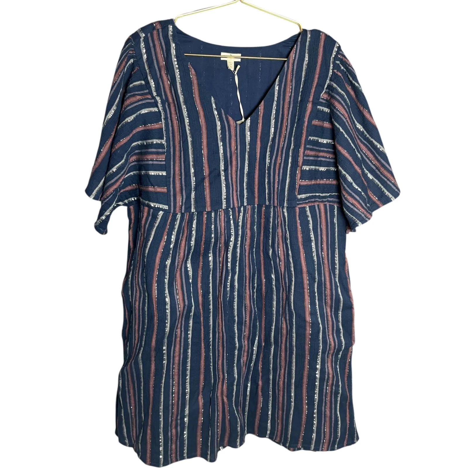 Garnet‎ Hill NWT Lola Shimmering Organic Striped V Neck Flutter Sleeve Dress XL - Image 3
