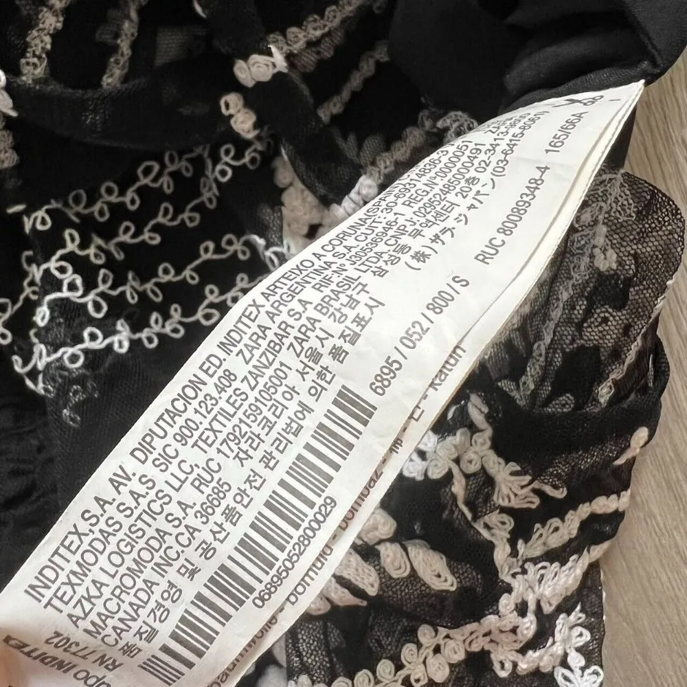 ZARA WOMAN NWOT Embroidered Tulle Skirt black with cream stitching Sz S Pull on - Image 7