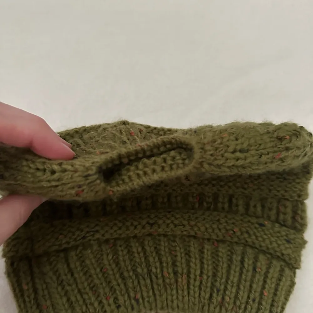 C.C Green Speckled Knit Beanie with Ponytail Opening - Image 3