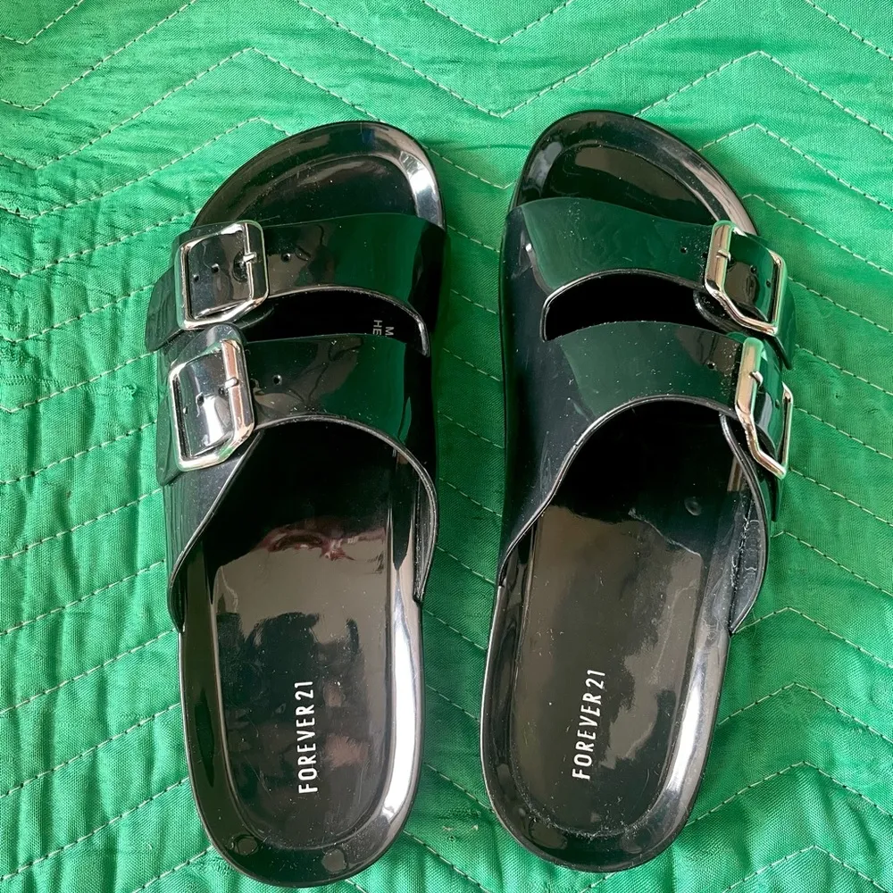 Forever 21 black plastic buckle slide sandals - Image 3