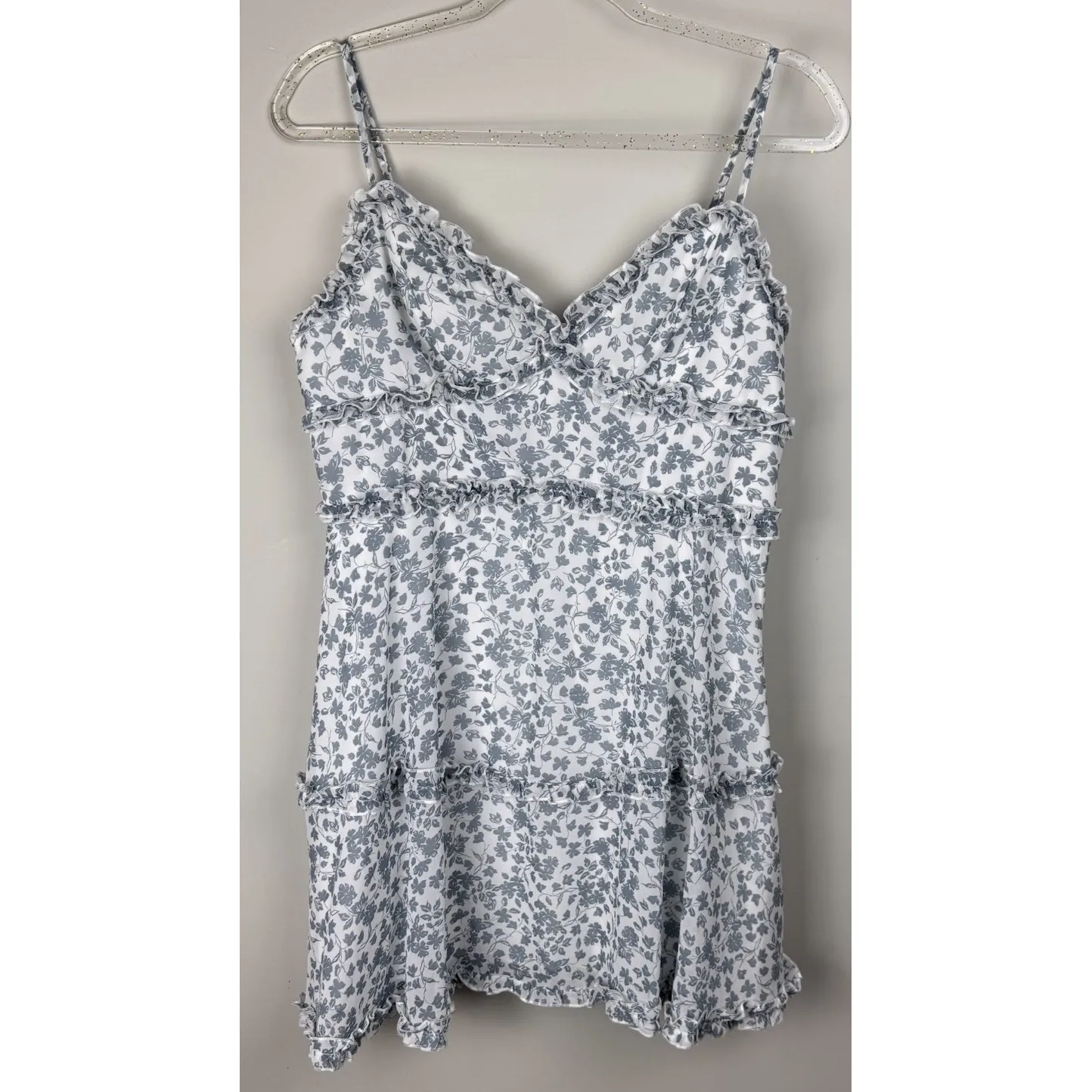 B Smart T Strap Sundress Size 13 Floral‎ Mini Babydoll Ruffles Blue & White - Image 3