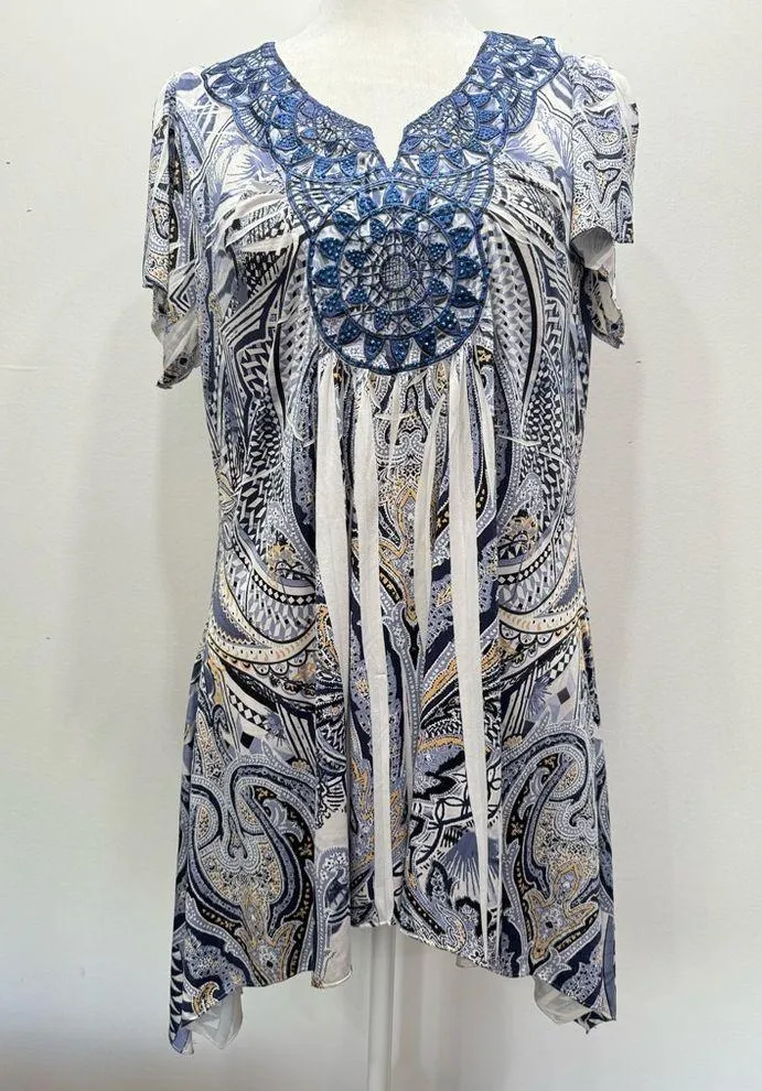 World Unity Top Blue and Ivory Paisley Blue Cutout Lace & Sequins Medallion M Size M - Image 7
