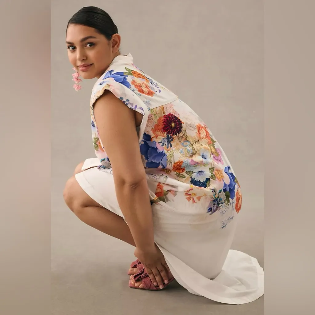 Maeve by Anthropologie Floral High-Low Button-Front Shirt Dress Sz Medium Petite - Image 7