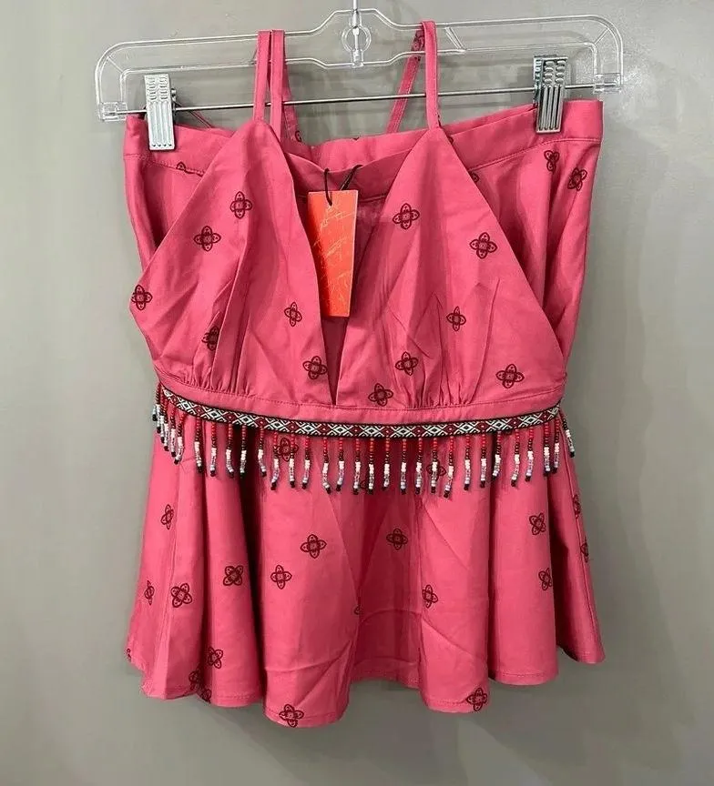 NWT CIDER Mini Skirt and Halter Top Beaded Set Coral Pink Size Small - Image 2