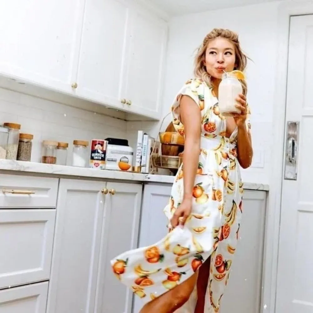 Song of Style Sia Midi Dress in White Fruit Small New Womens Satin Cocktail Yellow - Image 11