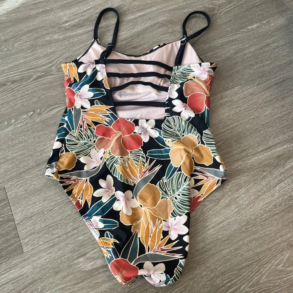 Hurley Size L Swimsuit Black Hibiscus Floral One Piece Hawaiian Cruise Island - Image 4