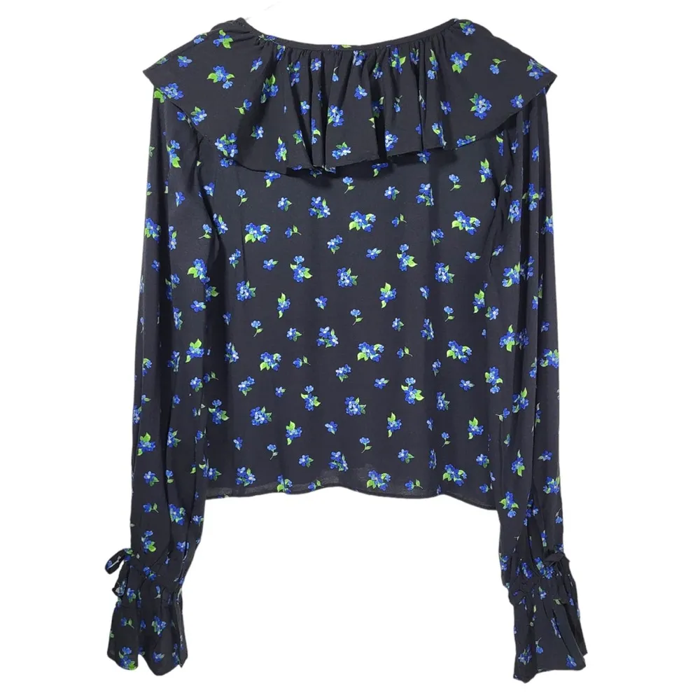 NWT WeWoreWhat Floral Print Ruffle Watercolor Ditsy Blouse in Black Multi - Image 8