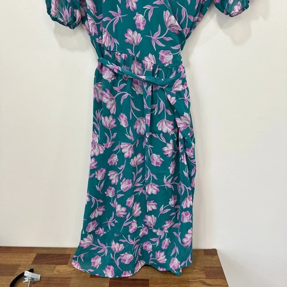 Draper James Women Wrap Dress 2XL Teal Purple Floral Short Sleeve Chiffon Ruffle - Image 4
