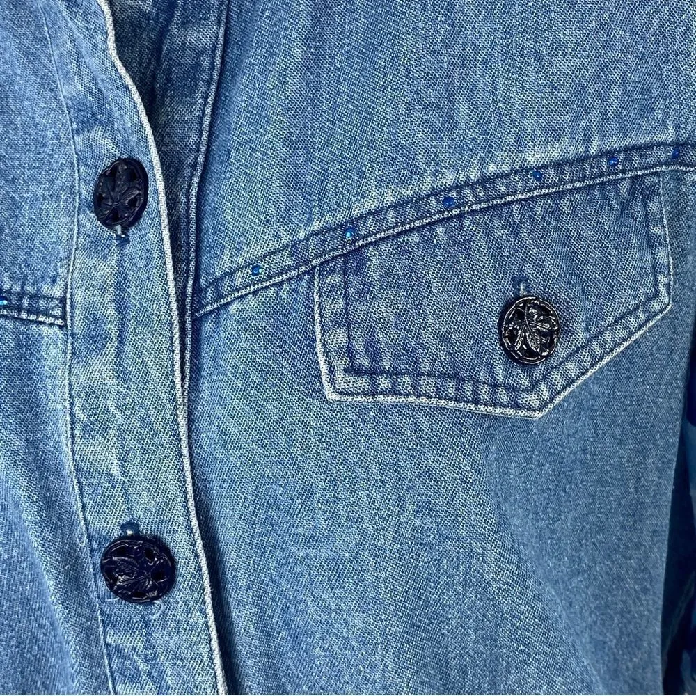 Nancy Bolen City Girl Embroidered Chambray Sheer Sleeve‎ Crop Shacket Blue 10P Blue - Image 6