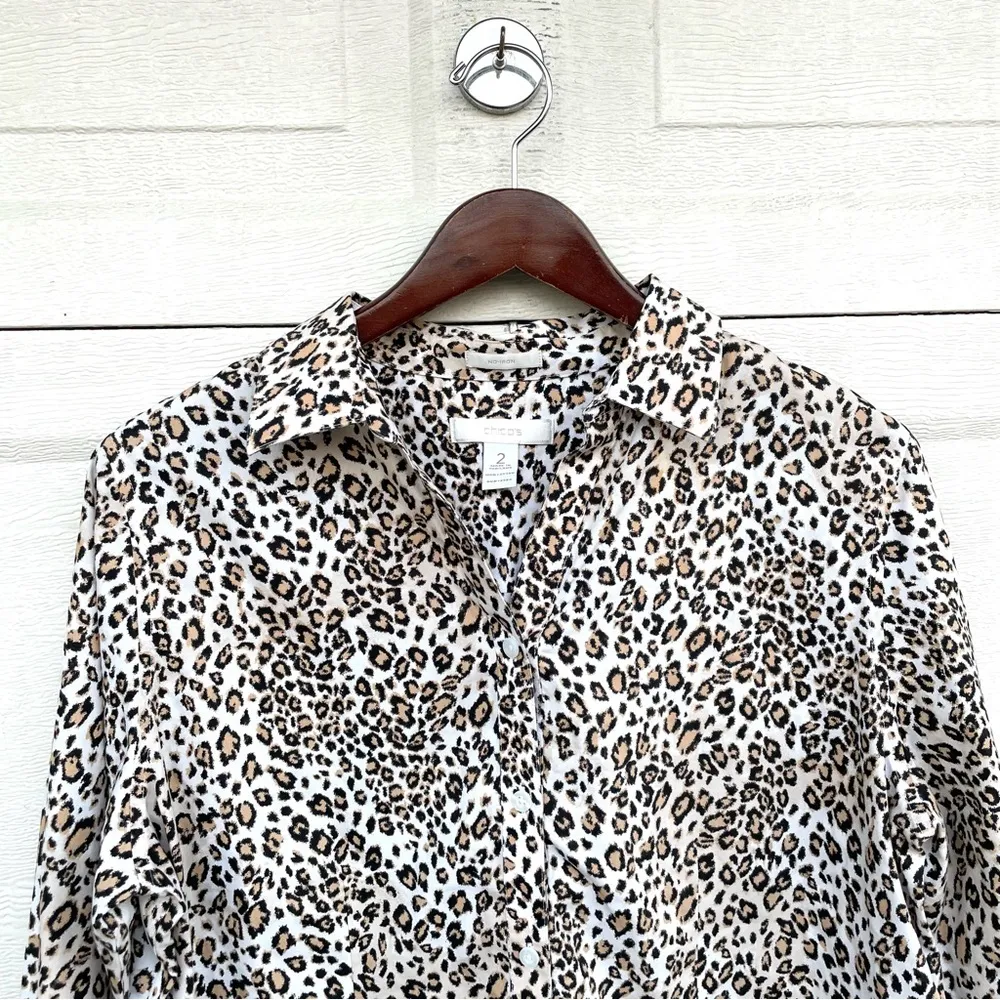 Chico’s Womens Shirt Cream Tan Leopard Animal Print Button Up Long Sleeve Large - Image 4