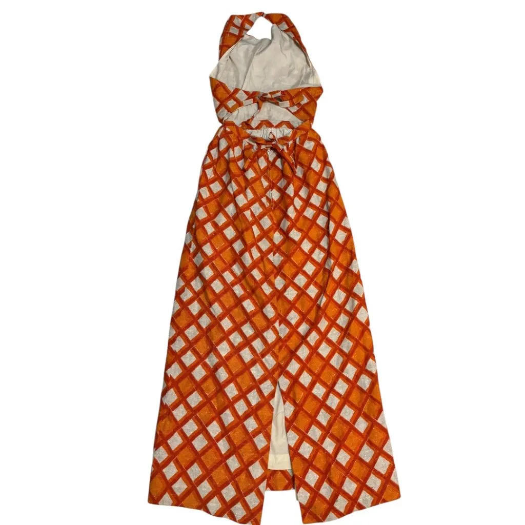 Vintage Handmade Open Back Orange Midcentury Modern Halter Dress - Image 2