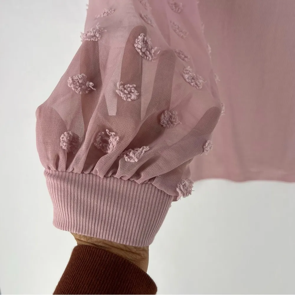 Petal Pink Lightweight Stretch Ribbed‎ Knit Chiffon Swiss Dot Balloon Sleeve Top Size L - Image 6