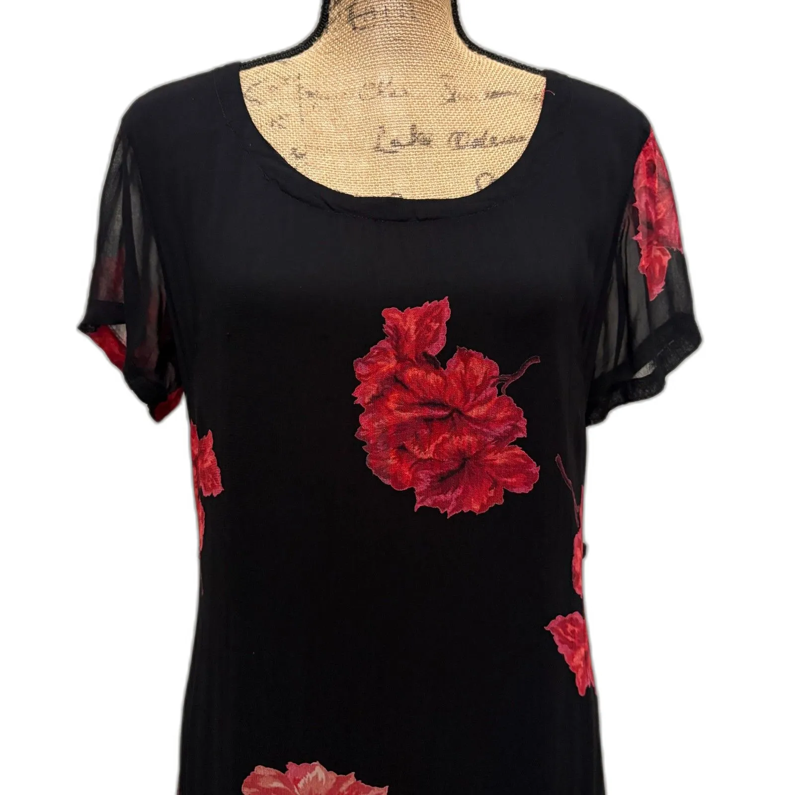 Vintage 90s Lola P Midi Dress Black Rose Dark Floral Romantic Grunge‎ Size 10 - Image 3