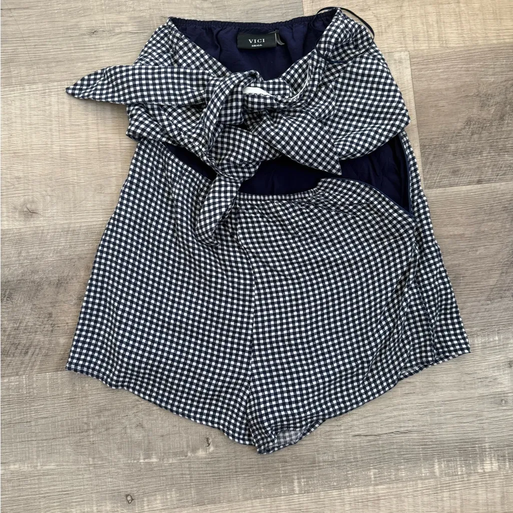 Vici Navy and White Gingham Jumpsuit - Image 2