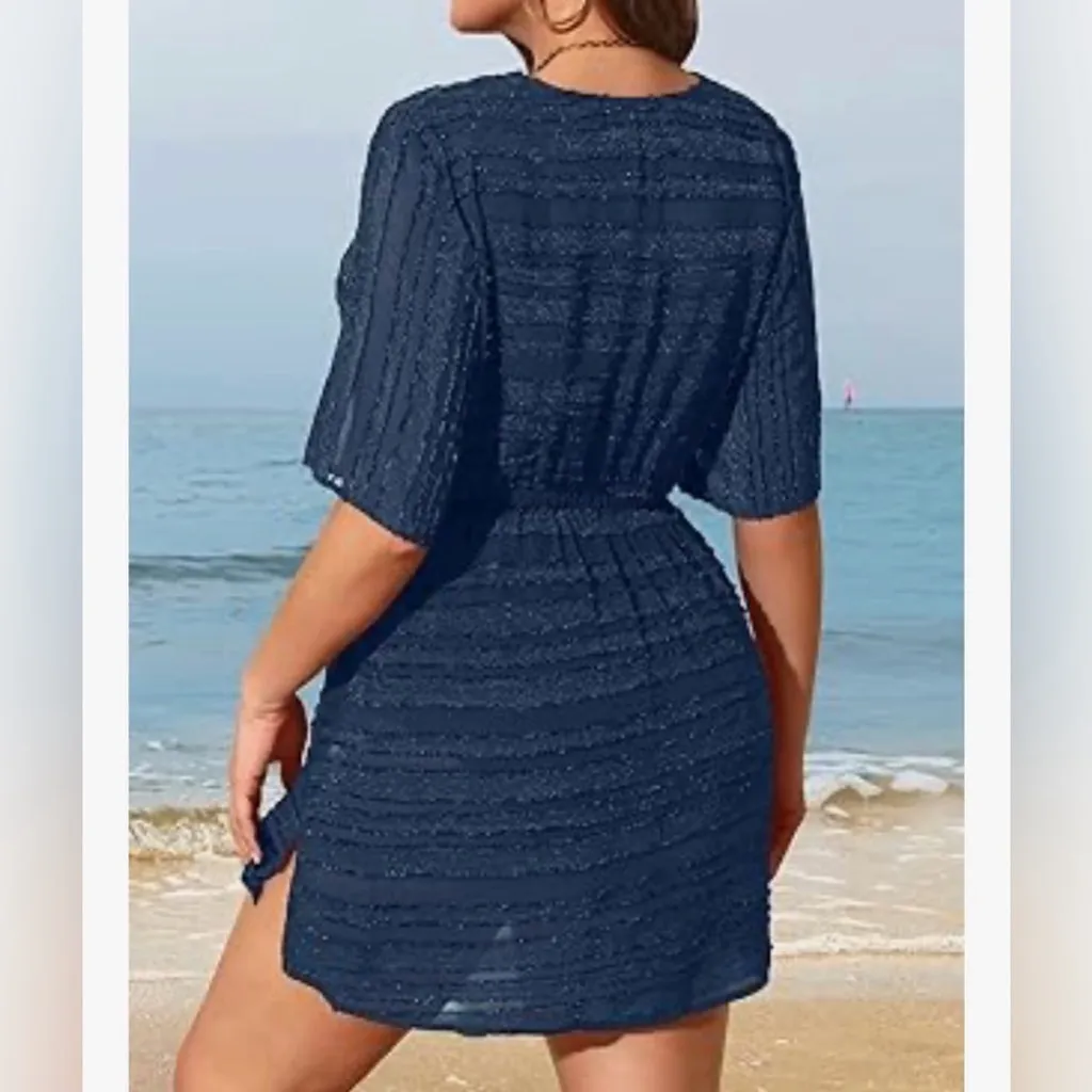NEW Plus Size Swimsuit Cover Up V Neck Textured Coverups Swimwear Dress 22W Blue - Image 2