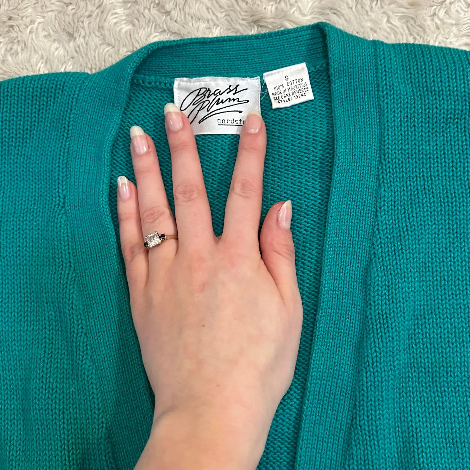 Vintage 90s Nordstrom 100% Cotton Knit Teal Button Up Vneck Cardigan Drop Sleeve - Image 7