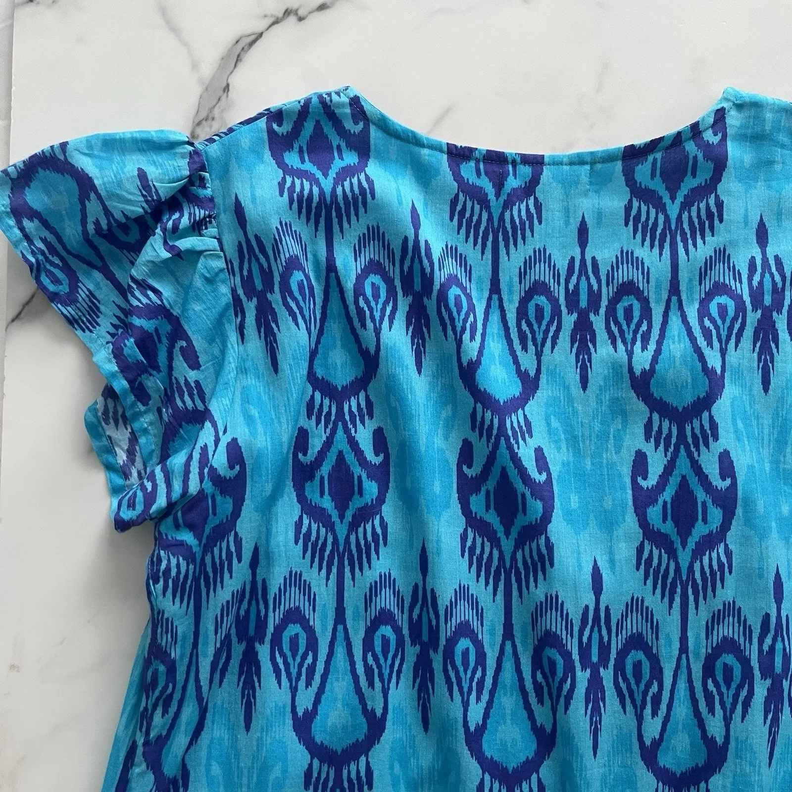 La Plage Bailey Tiered Maxi Dress Cotton Batik Leaf Blue coastal Boho Size XS - Image 7