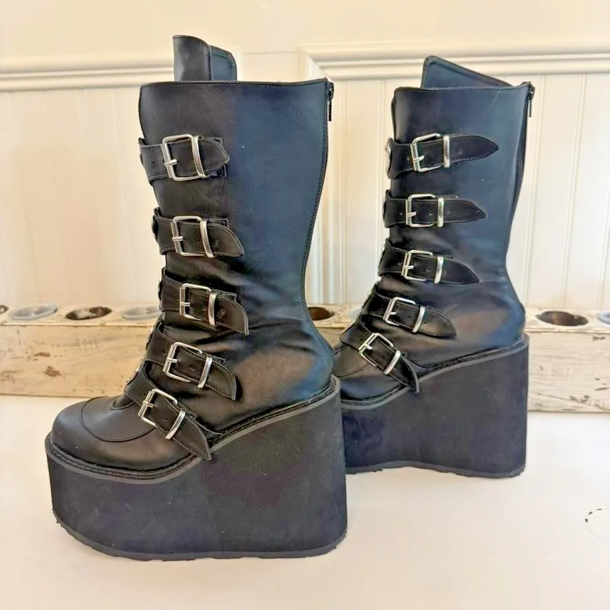 DEMONIA SWING-230 Women's‎ Wedge Platform Goth Buckle Strap Black Mid Calf Boots - Image 4