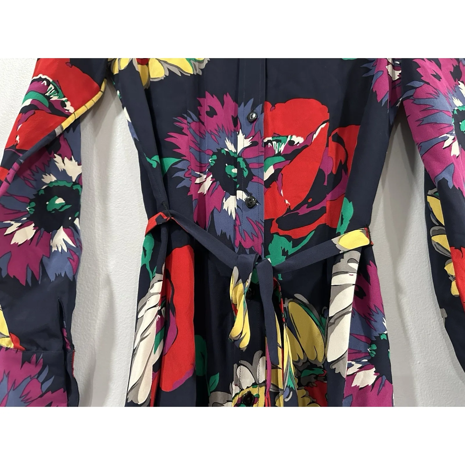 Tucker Silk Crepe de Chine Floral Collared Long Sleeve Dress XS - Image 2