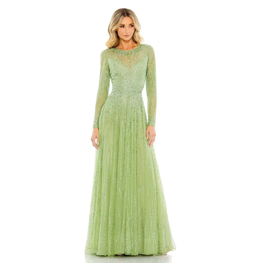 MAC DUGGAL Green Illusion High Neck Long Sleeve Embellished Gown Sage Size US 6 - Image 14