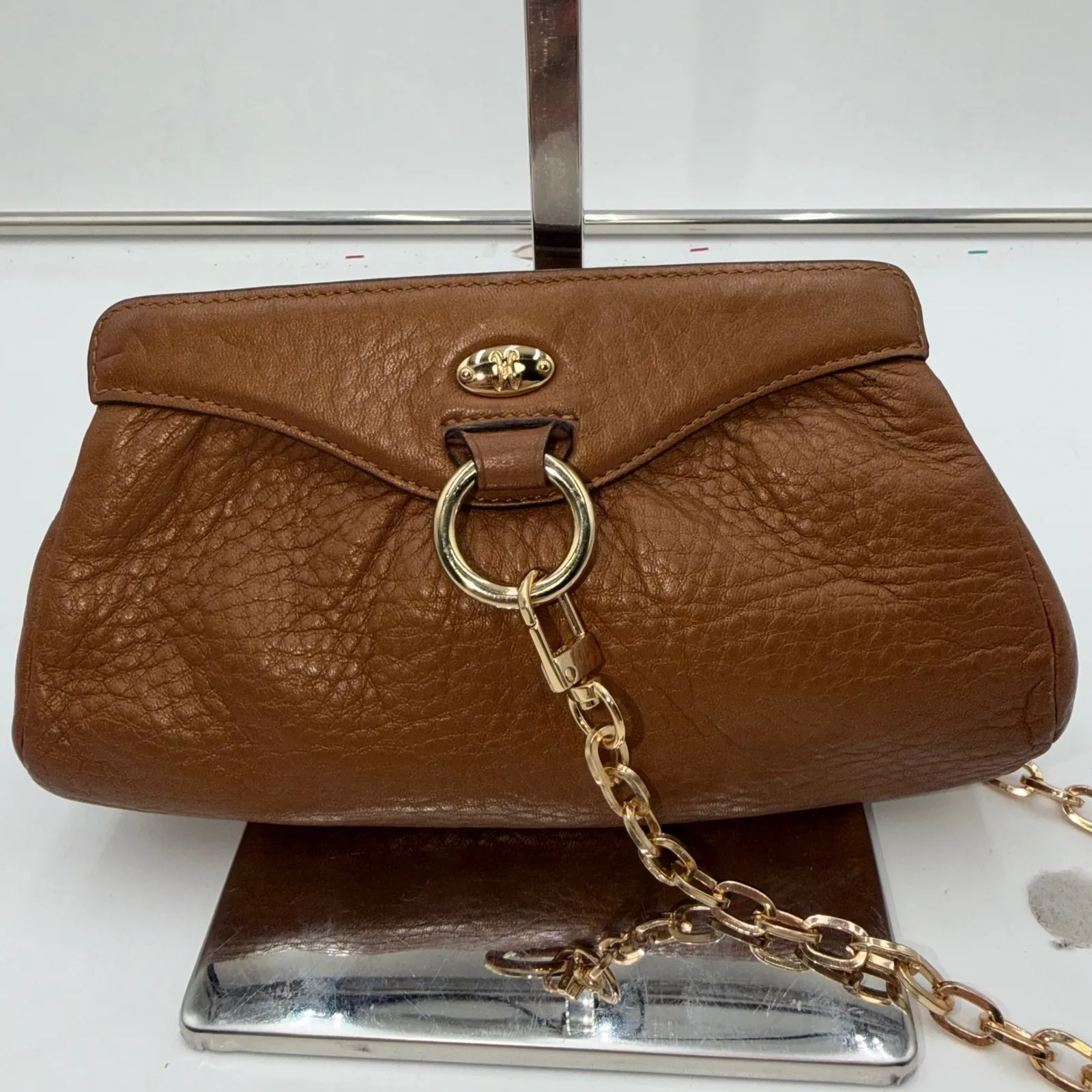 Cole Haan Leather Clutch Chain Strap Gold Hardware Brown Evening Bag - Image 2