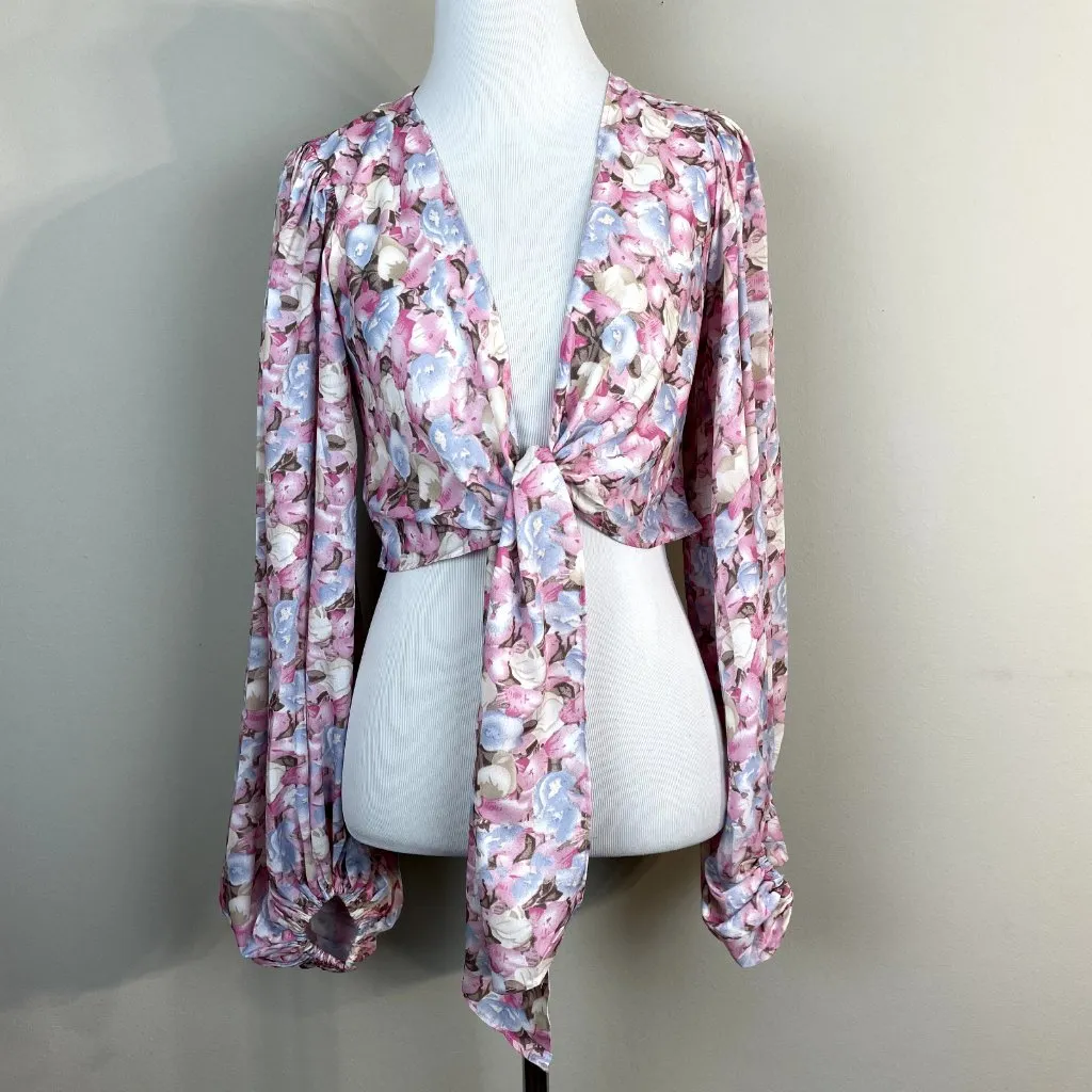 Petal + Pup Kelsey Top Womens 2 Pink Floral Cropped Long‎ Sleeve Tie Topper New - Image 12