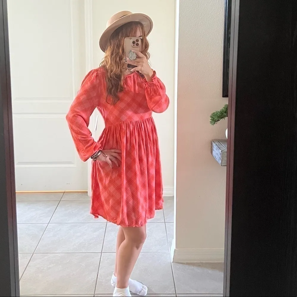 BP Plaid babydoll dress XSMALL balloon sleeves long sleeves orange pink NWT - Image 3