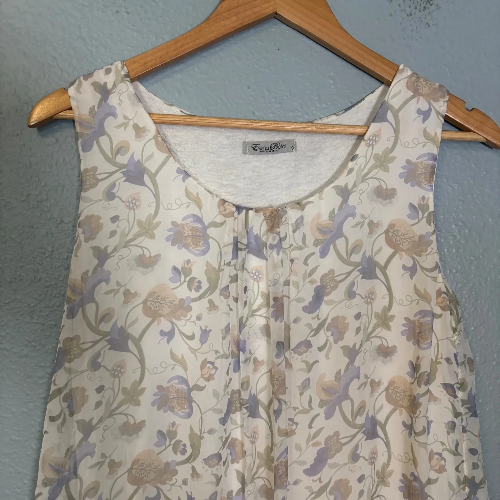 Elena Baldi Floral Silk Sleeveless Top Made in Italy‎ Beige Purple Women's Small Tan - Image 4