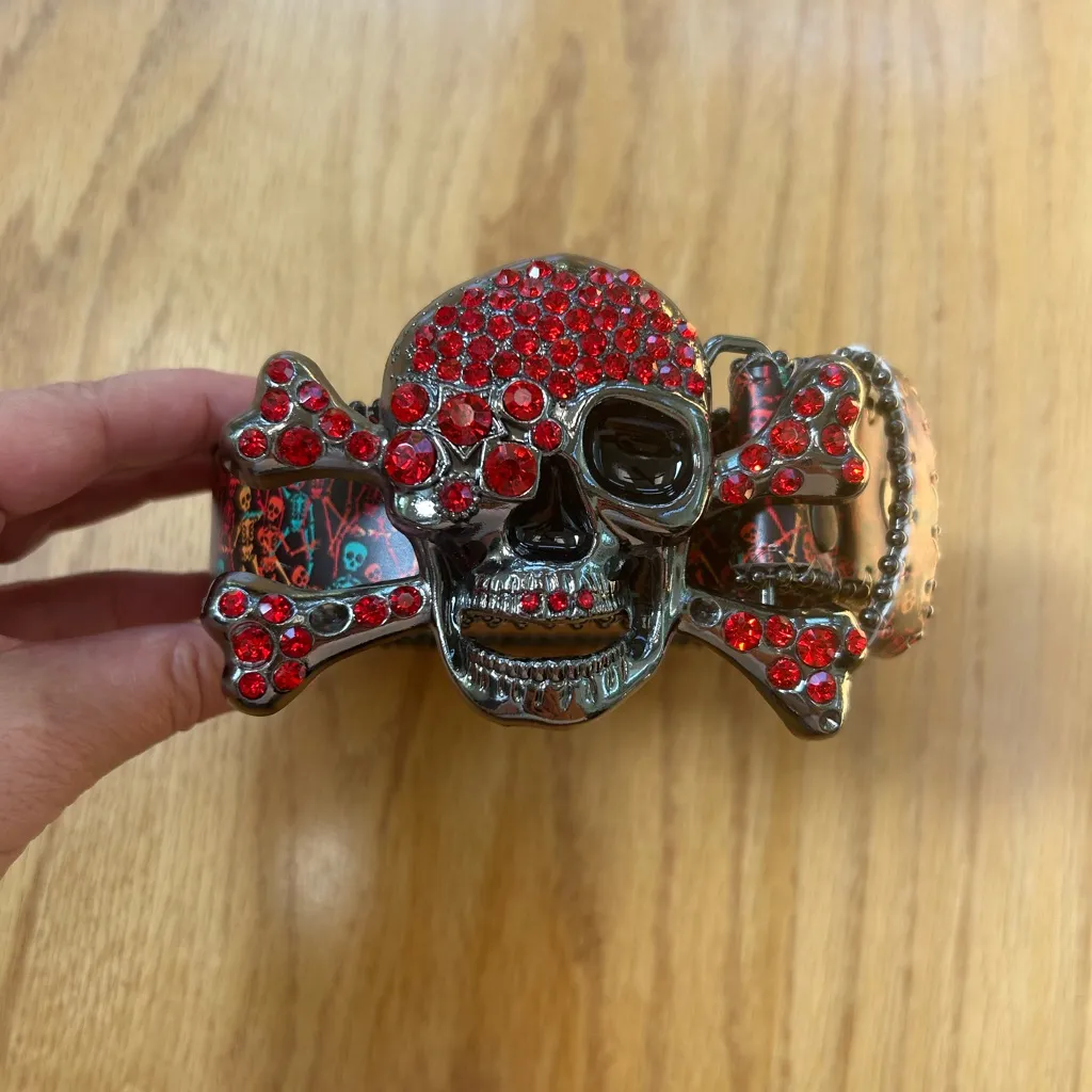 Printed Rhinestones Big Skull And Bones Buckle Red Belt Punk Goth 49” - Image 4