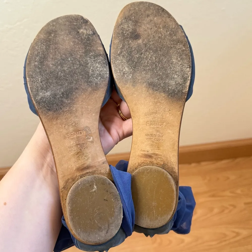 Fendi Flats Sandals Suede & Chiffon Tulle Mesh Ankle Wrap Bow Size EU 37 US 7 - Image 6