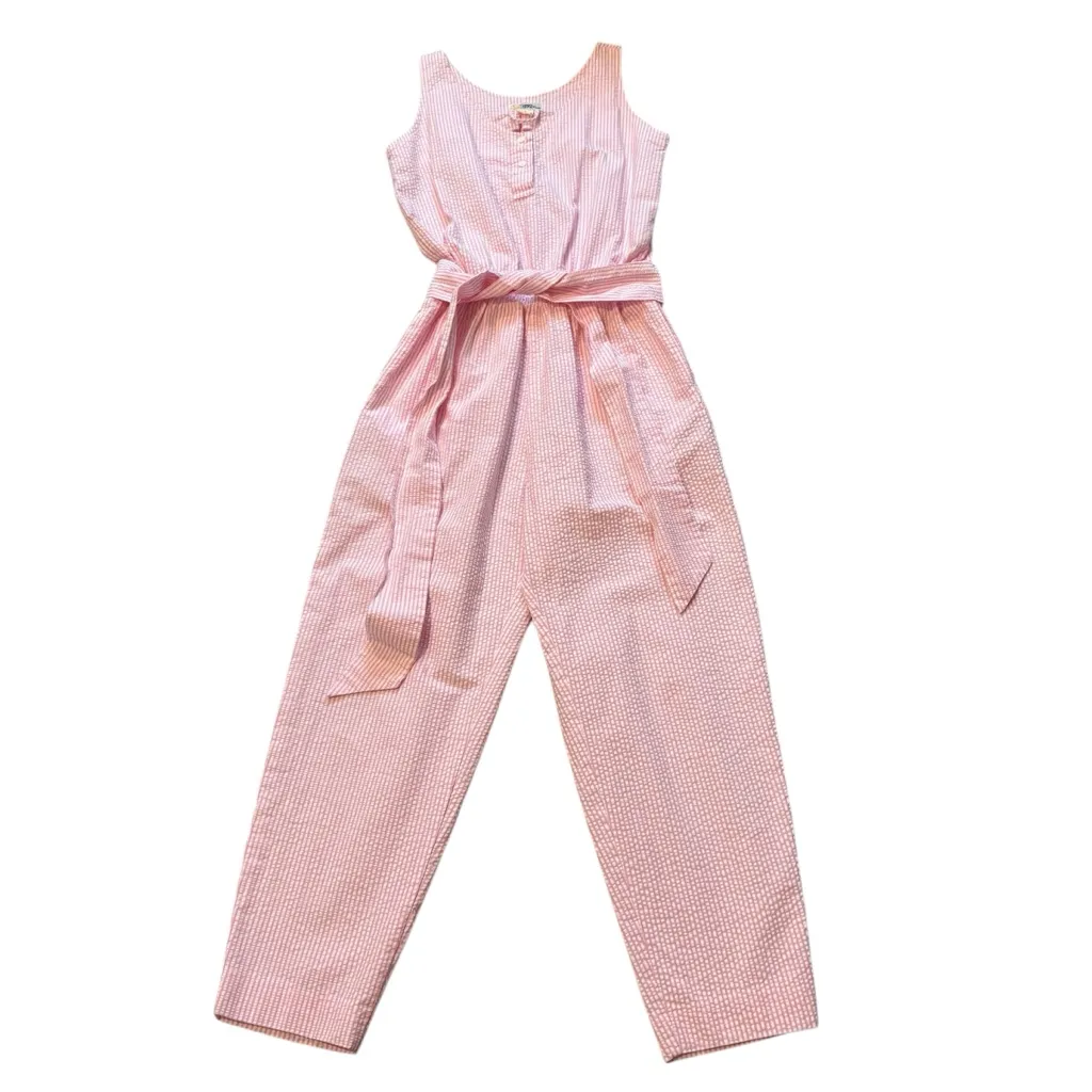 Vtg Reyn Spooner Cotton Seersucker Pink/White Sleeveless Belted Jumpsuit Sz S Pink - Image 4