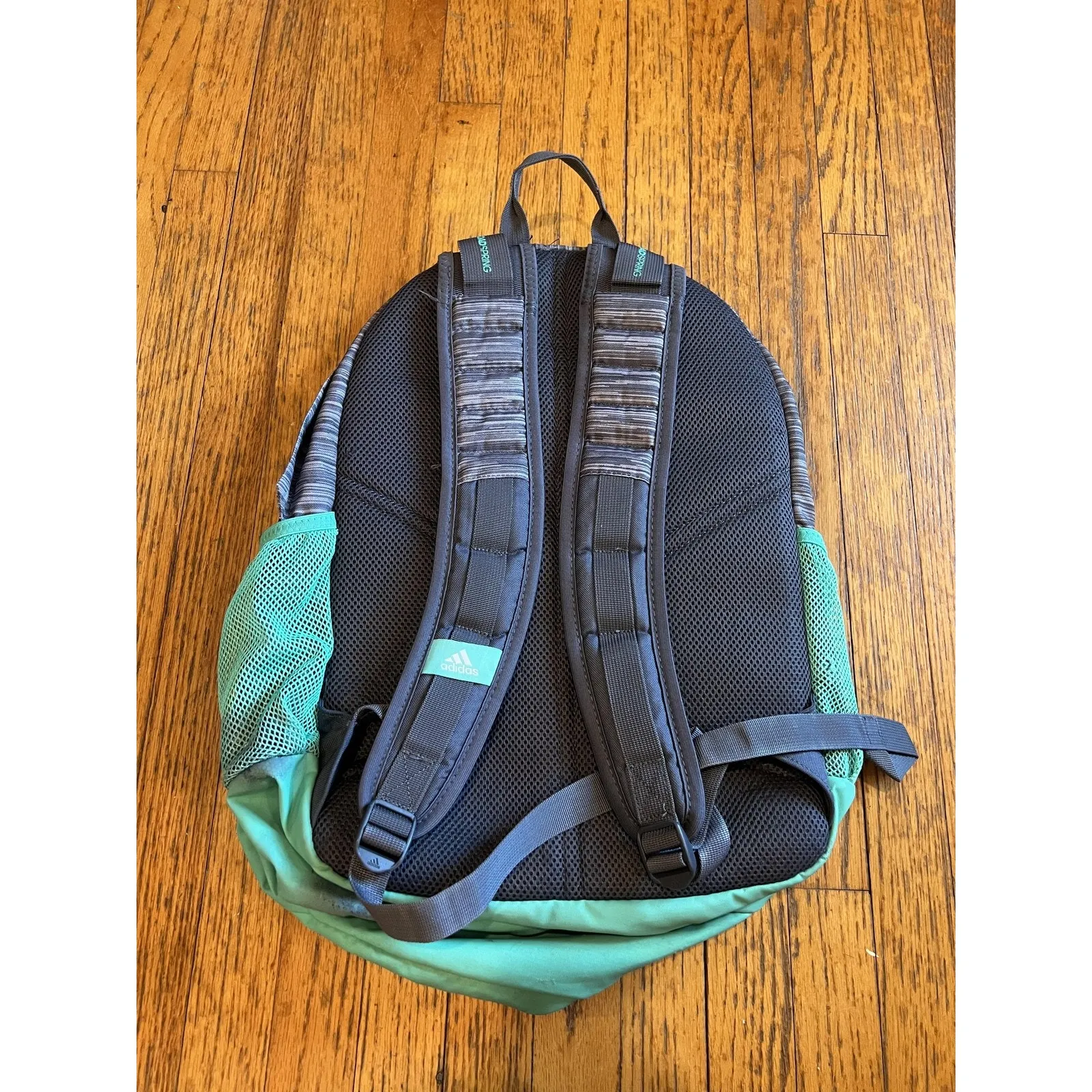 Adidas Backpack Gray Green Multi-Compartment Mesh Pockets School Travel Bag - Image 2