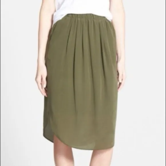 Madewell Olive Green Island Skirt 100% Silk Midi Medium Minimalist SEE NOTE - Image 2