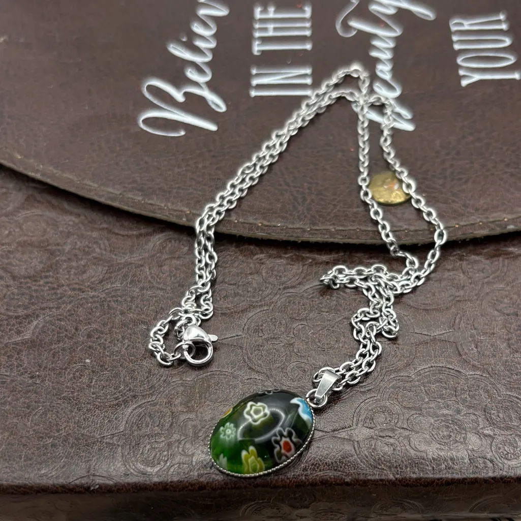 Vintage 1970s Glass Cabochon Pendant Necklace on Stainless Steel Chain 18” Silver - Image 2