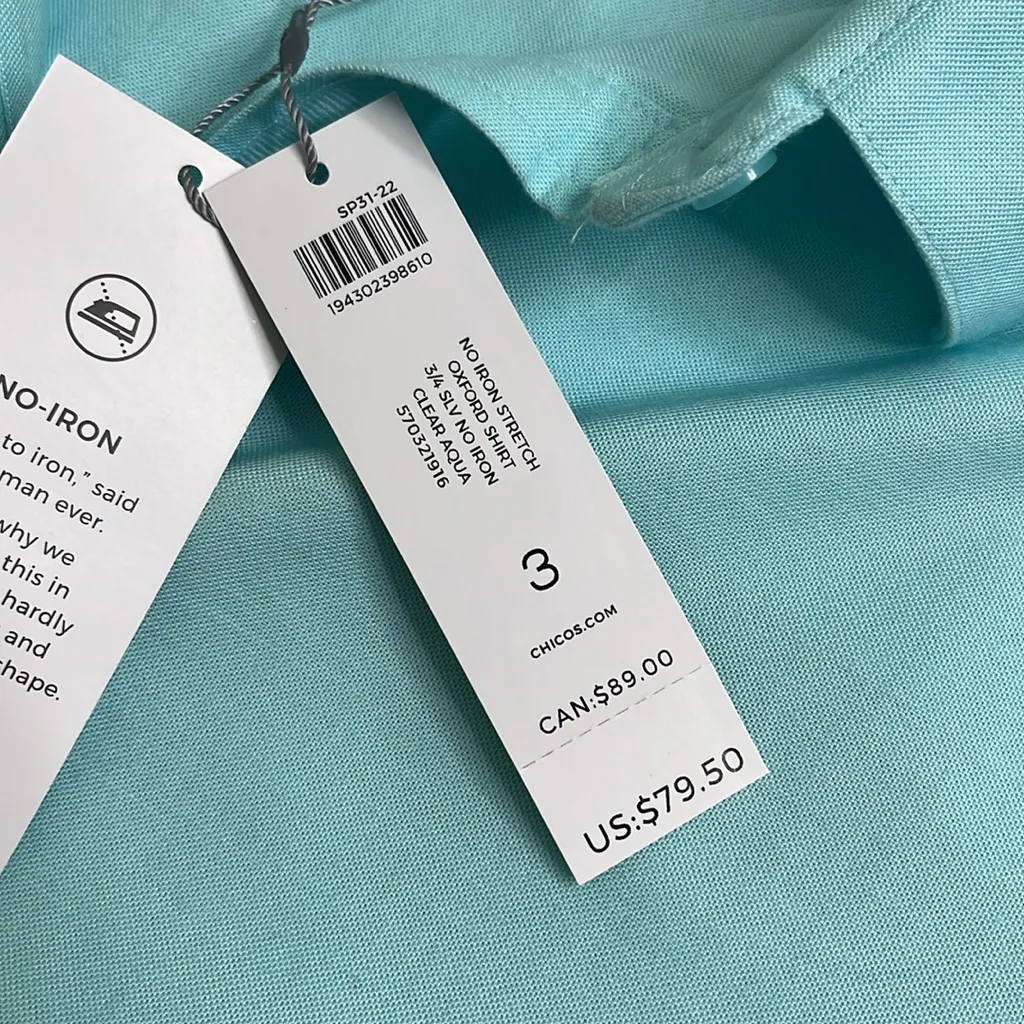 Chico’s No Iron Stretch Oxford Shirt, 3/4 sleeve No Iron, clear Aqua,size: 3/ 16 - Image 7