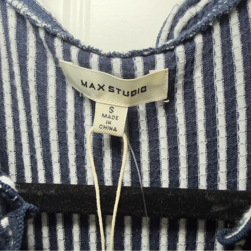 Max Studio Small Navy White V Neck Jersey Smocked Waist Tiered Stripe Dress NWT - Image 10