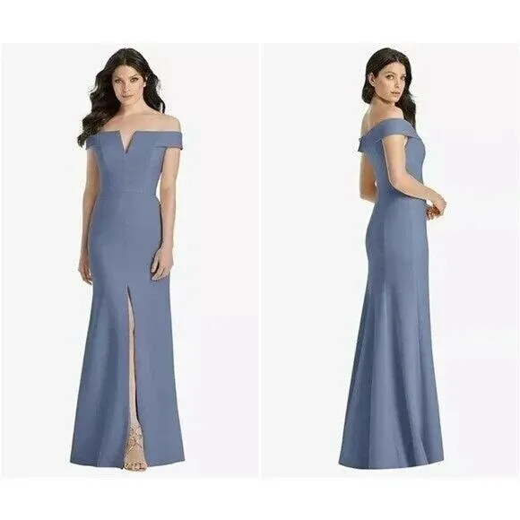 NWT Dessy Collection V Neck Off The Shoulder Trumpet Gown Dress 14 Larkspur Blue - Image 2