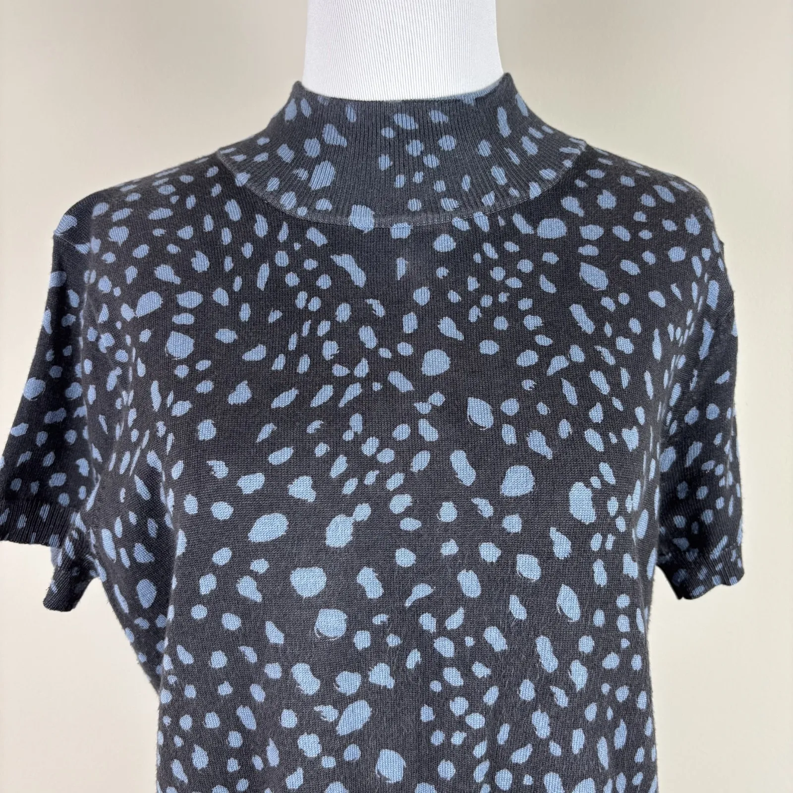 Javier Simorra Barcelona Sweater Top Womens 12 Blue Dot Mock Neck Short Sleeve Blue - Image 3