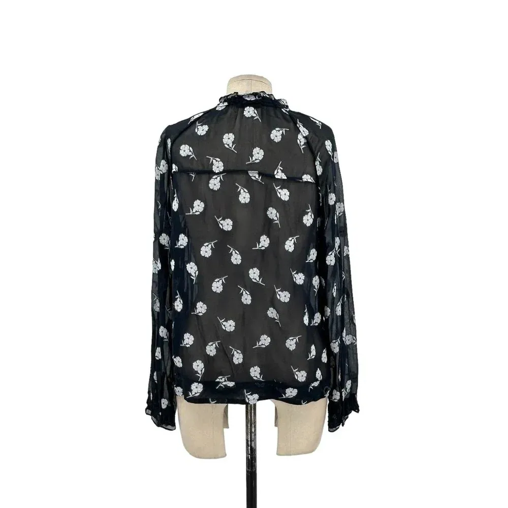 Rag and Bone Navy Blue Floral Print Tie Neck Long Sleeve Blouse Size‎ XS - Image 5