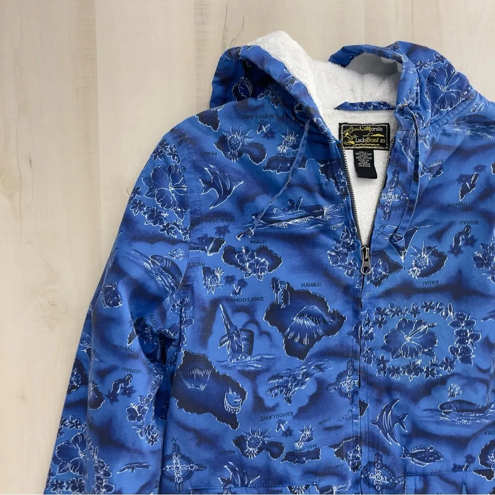 vtg LUCKY BRAND Hawaii printed blue terry cloth full zip jacket 90s 00s - Image 3