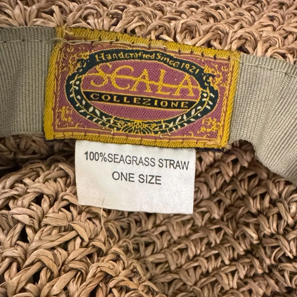 Scala Natural Seagrass Straw Woven Floppy Sun Hat Wide Brim Beaded Band Boho - Image 3